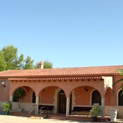 Fietser tussen citrusvelden en bergen in de verte