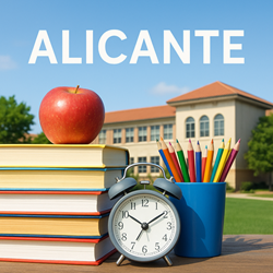 Schoolbord en boeken in klaslokaal Alicante