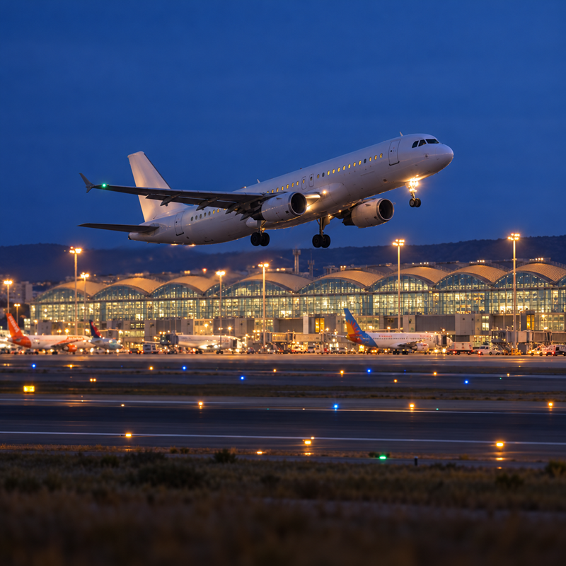 Opstijgend vliegtuig bij Alicante-Elche Miguel Hernández Airport