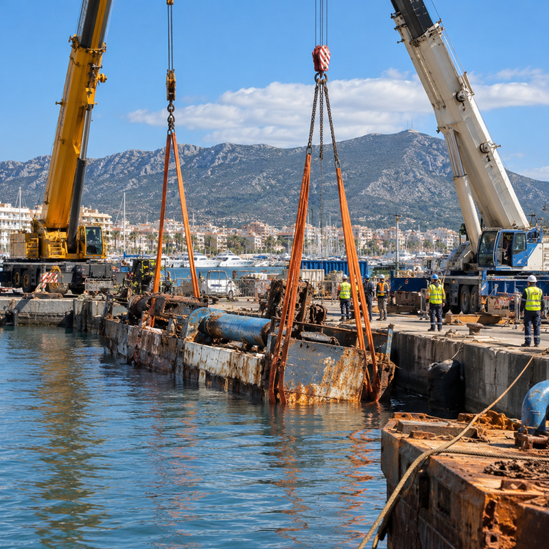 Baggerschip Los Olivillos in de haven van Dénia tijdens de bergingswerkzaamheden