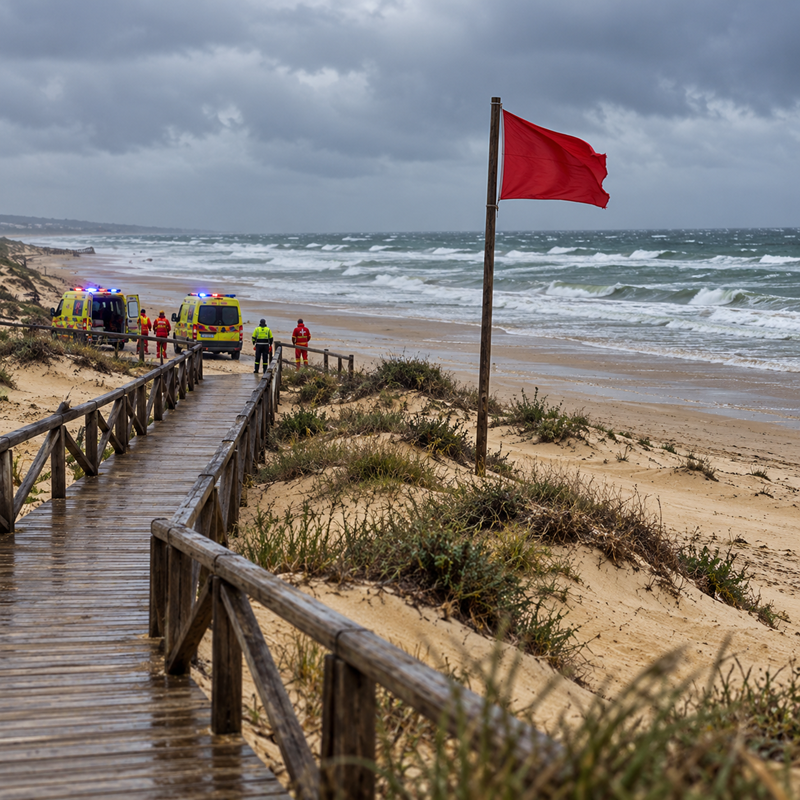 Rode vlag op het strand van Guardamar del Segura