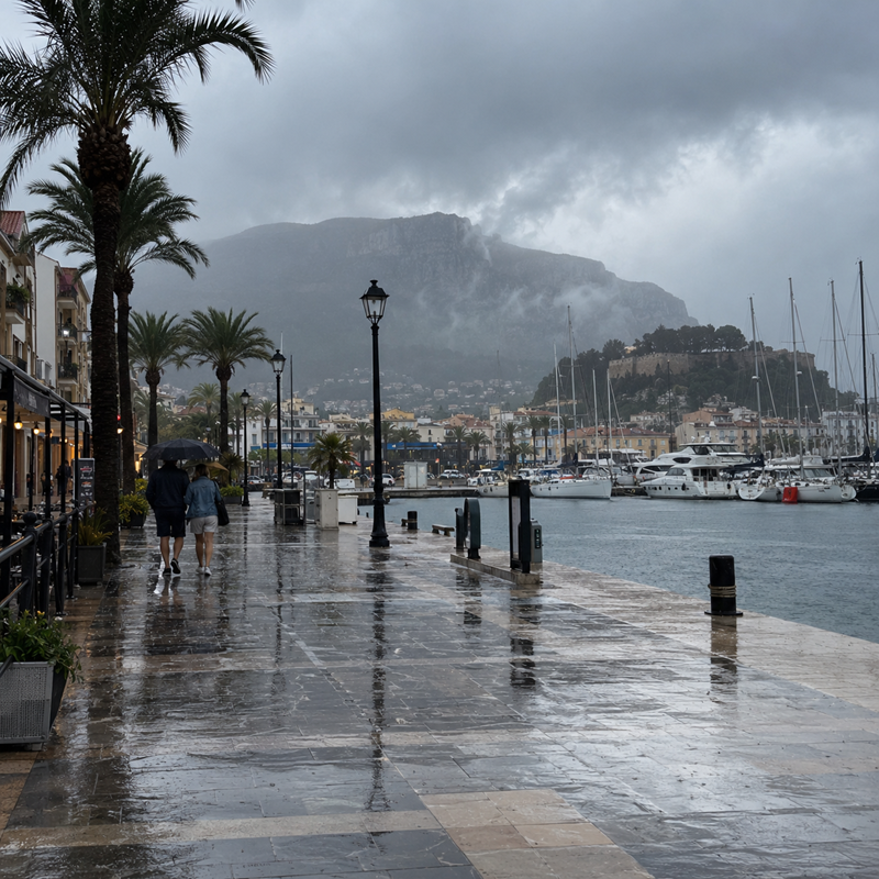 Regenachtig weer in Dénia tijdens zware weersomstandigheden aan de noordelijke Costa Blanca
