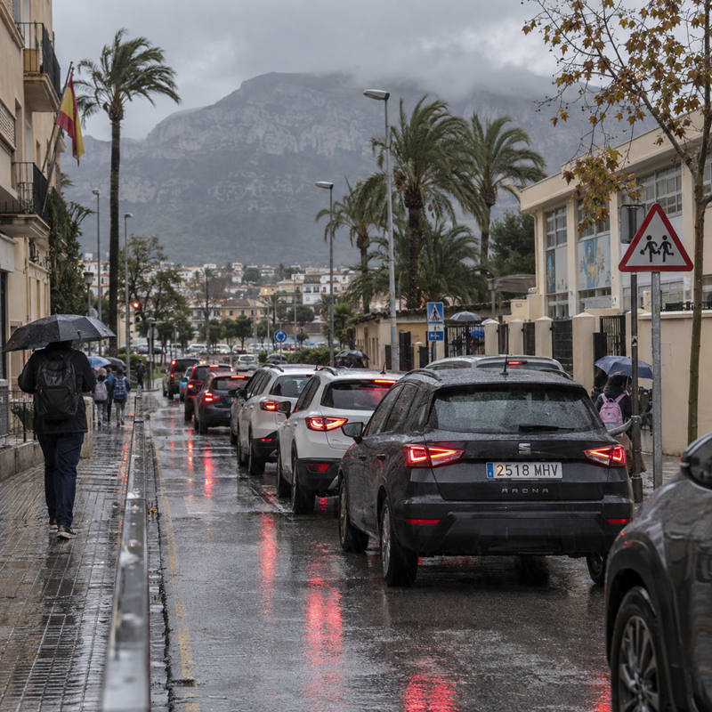Verkeersdrukte in Dénia tijdens regenachtig weer