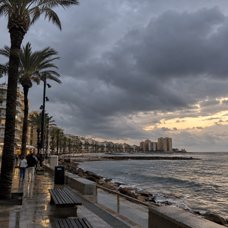 Bewolkt en regenachtig weer boven Torrevieja aan de Costa Blanca