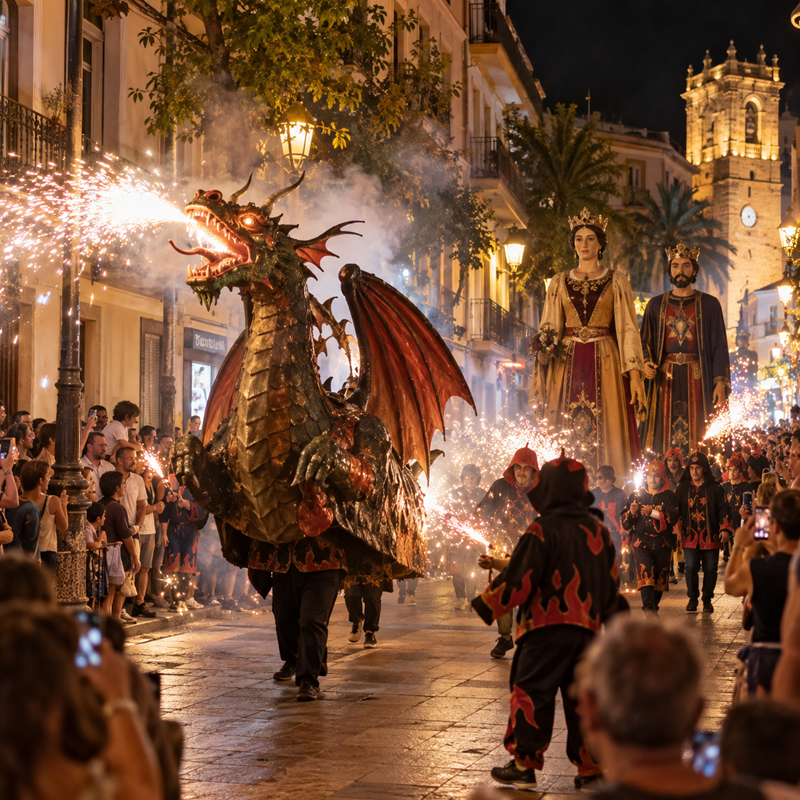 Reuzen en vuurbeesten tijdens straatfeest in Dénia