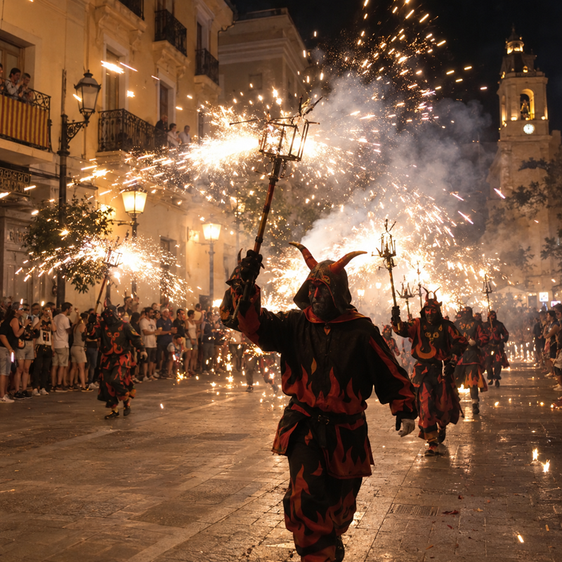 Correfoc met vuurwerk in Elda