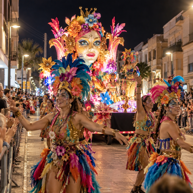 Feestelijke optocht met praalwagens en verklede deelnemers in Pilar de la Horadada
