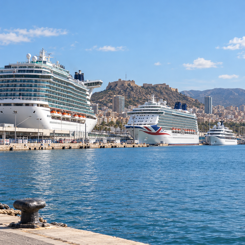 Drie cruiseschepen in de haven van Alicante