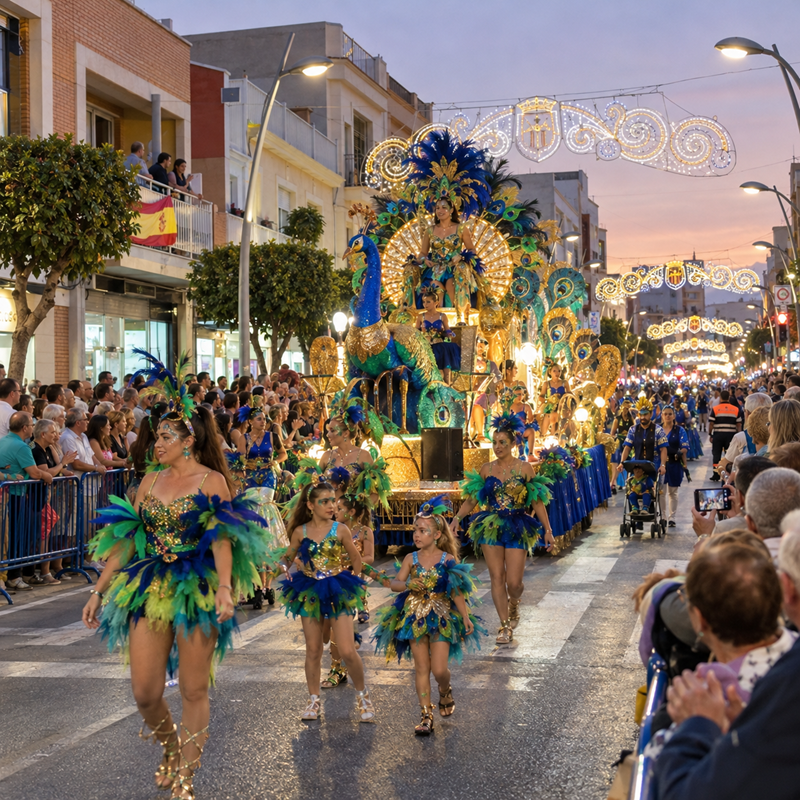 Praalwagenoptocht tijdens de Fiestas Patronales in Pilar de la Horadada