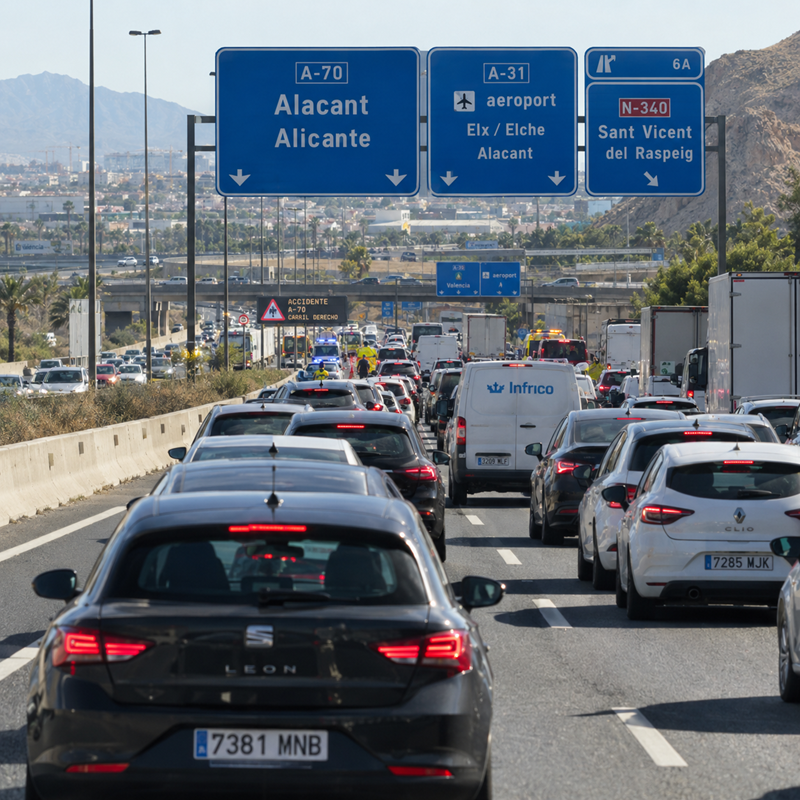 File op de A-70 bij Alicante na een verkeersongeval