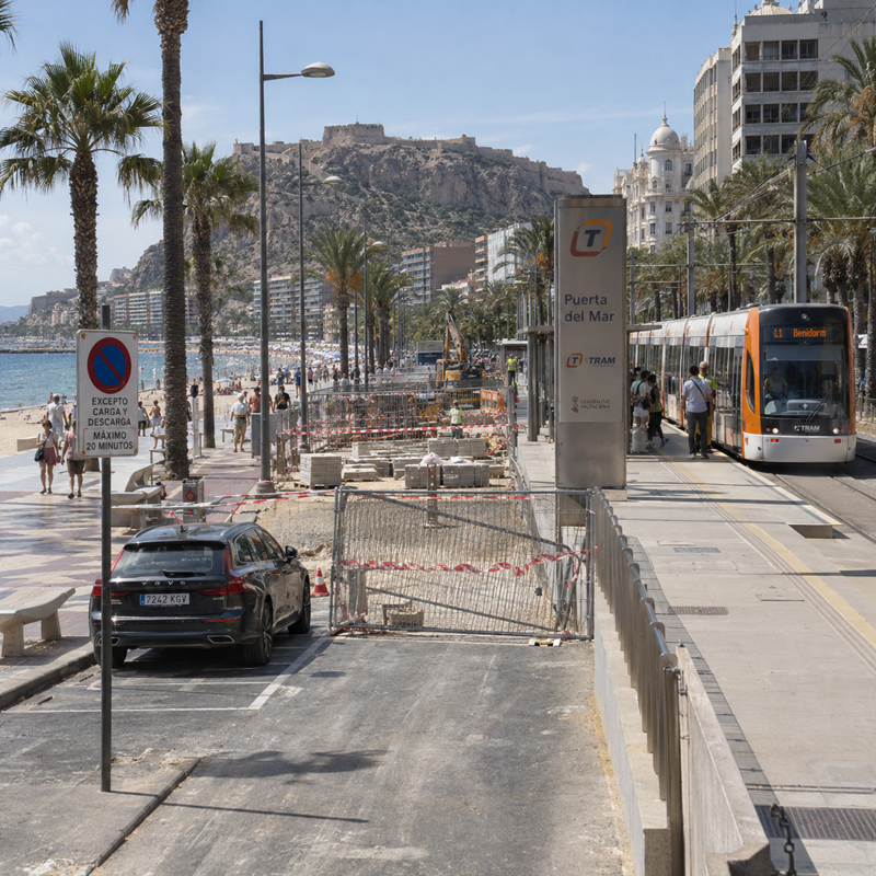 Parkeerplaatsen bij Playa del Postiguet in Alicante verdwijnen door het TRAM-project