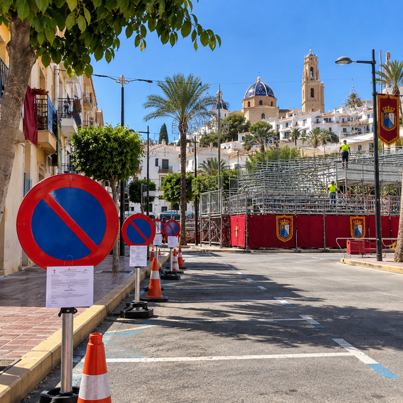 Parkeerverbod bij Plaça dels Esports in Altea tijdens de Festes Majors