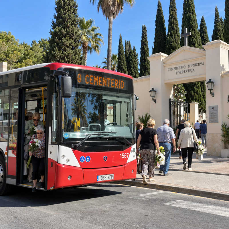 Busvervoer naar de gemeentelijke begraafplaats van Torrevieja tijdens Allerheiligen